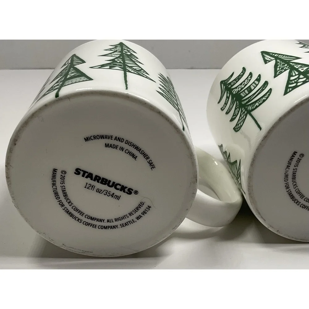 Starbucks Holiday Christmas Tree Coffee Tea Cup Mug 2015 12 Oz White Lot of 2